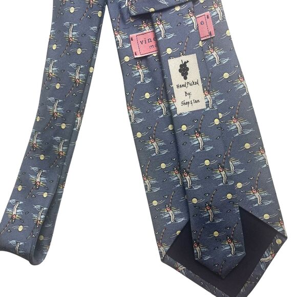 Vineyard Vines Mens 100% Silk Tie Fisherman Gray Blue Outdoor Fly Fishing Preppy - Picture 9 of 10